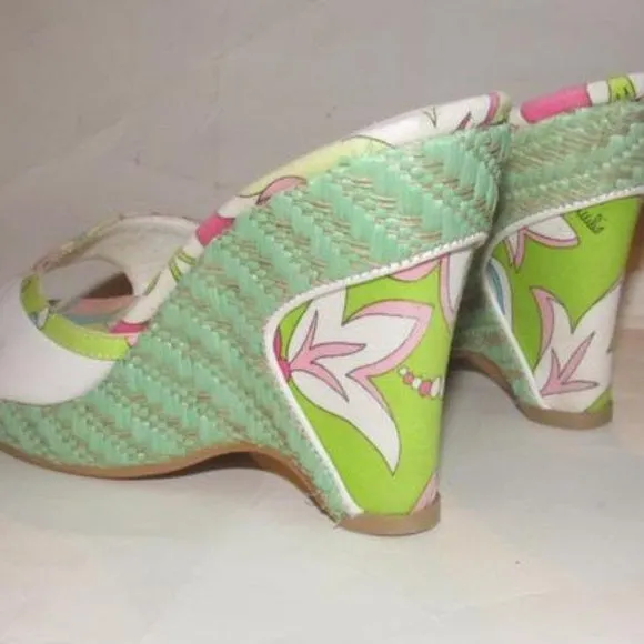 Pucci White Leather & Colorful Floral Mule Wedges!