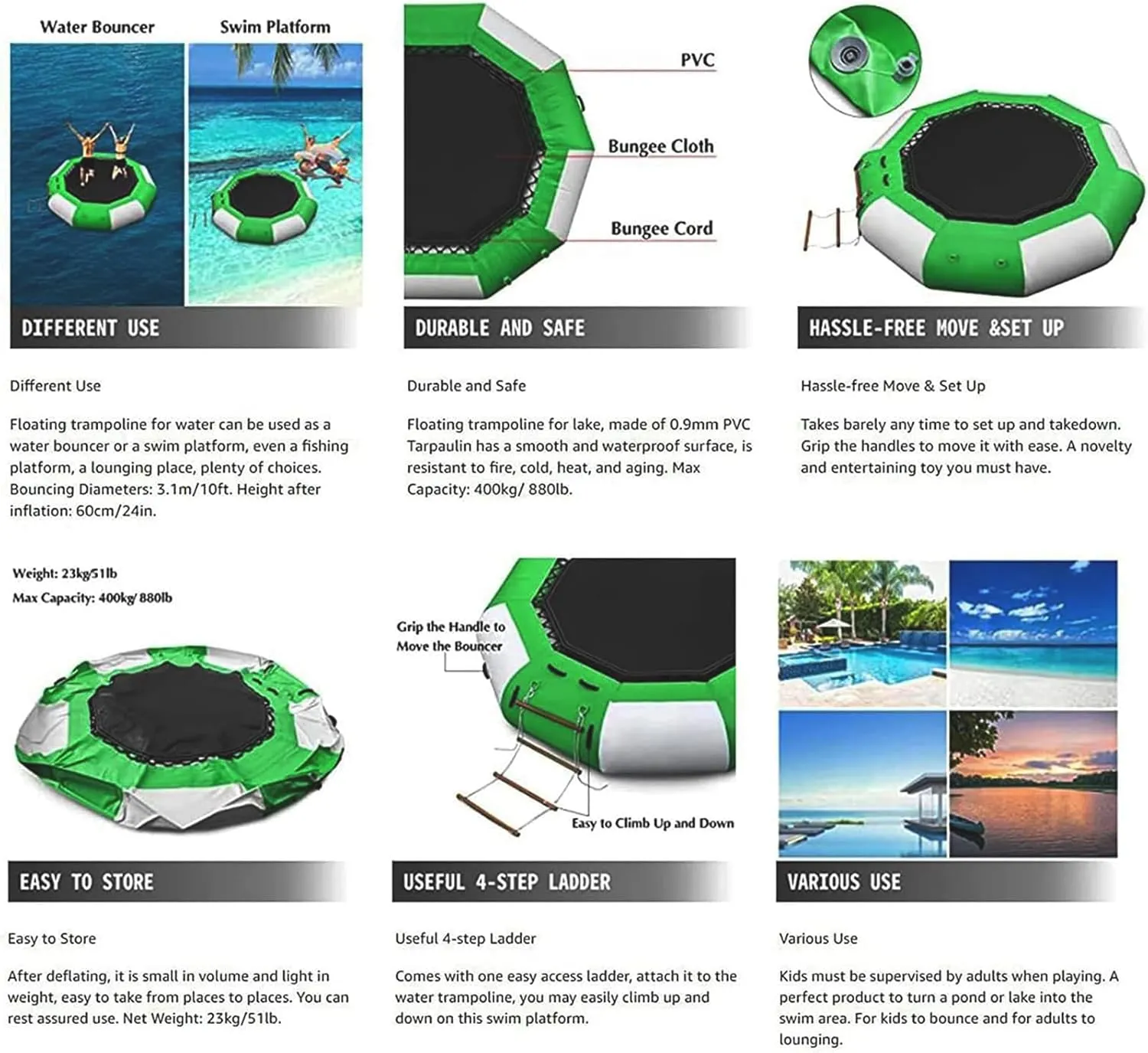 PVC Inflatable Water Trampoline, Lake Trampoline, Jumping Platform with Slide/Tube/Jumping Pillow Bag, Leisure Trampoline, Water Jumping Bag, Trampoline Water Toy, 16FT/5M