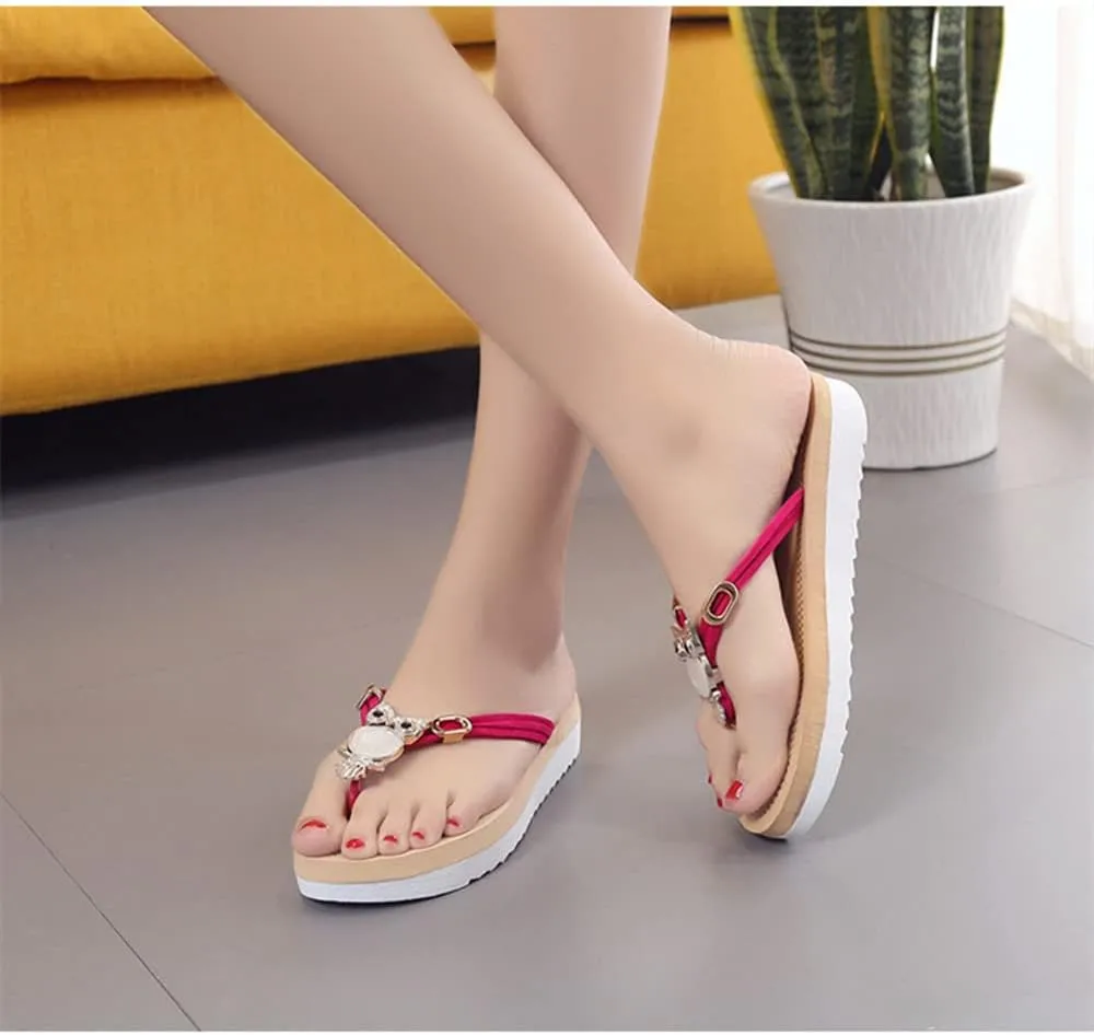 QMFUR Women's Platform Slippers Flat Flip Flops Beach Slides For Women Slides Rhinestone owl decoration Light weight Comfortable Casual Sandals