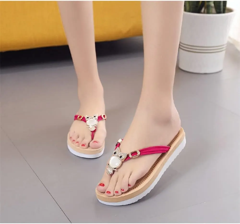 QMFUR Women's Platform Slippers Flat Flip Flops Beach Slides For Women Slides Rhinestone owl decoration Light weight Comfortable Casual Sandals