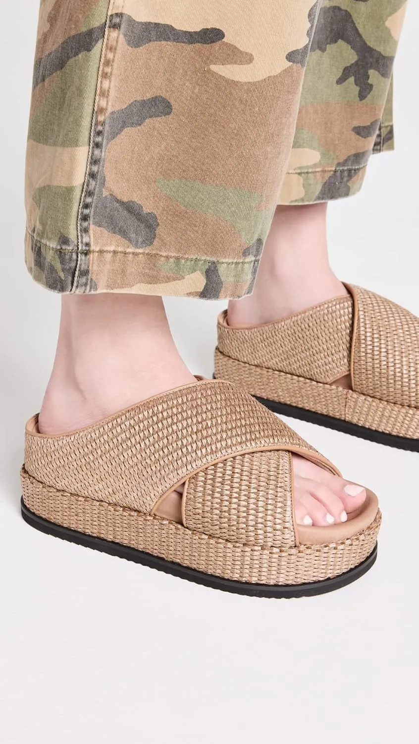 R0AM Women's Cross Stack Raffia Platform Slides