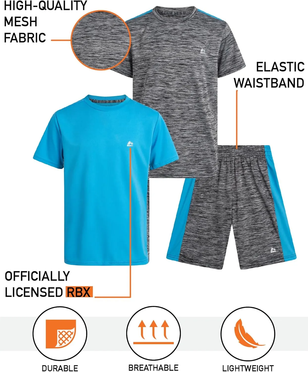 RBX Boys Active Shorts Set - 3 Piece Athletic Performance Mesh and Jersey T-Shirts and Mesh Gym Shorts for Boys (Sizes: 8-12)