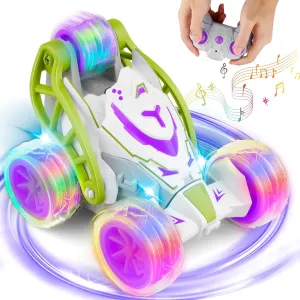 RC Stunt Car for Kids, 360 Flips Rotating Remote Control Car, 2.4Ghz All Terrain Toys, with Colorful Lights & Music and Spray, for Boys Girls Birthday Gift (Purple), Purple Car01