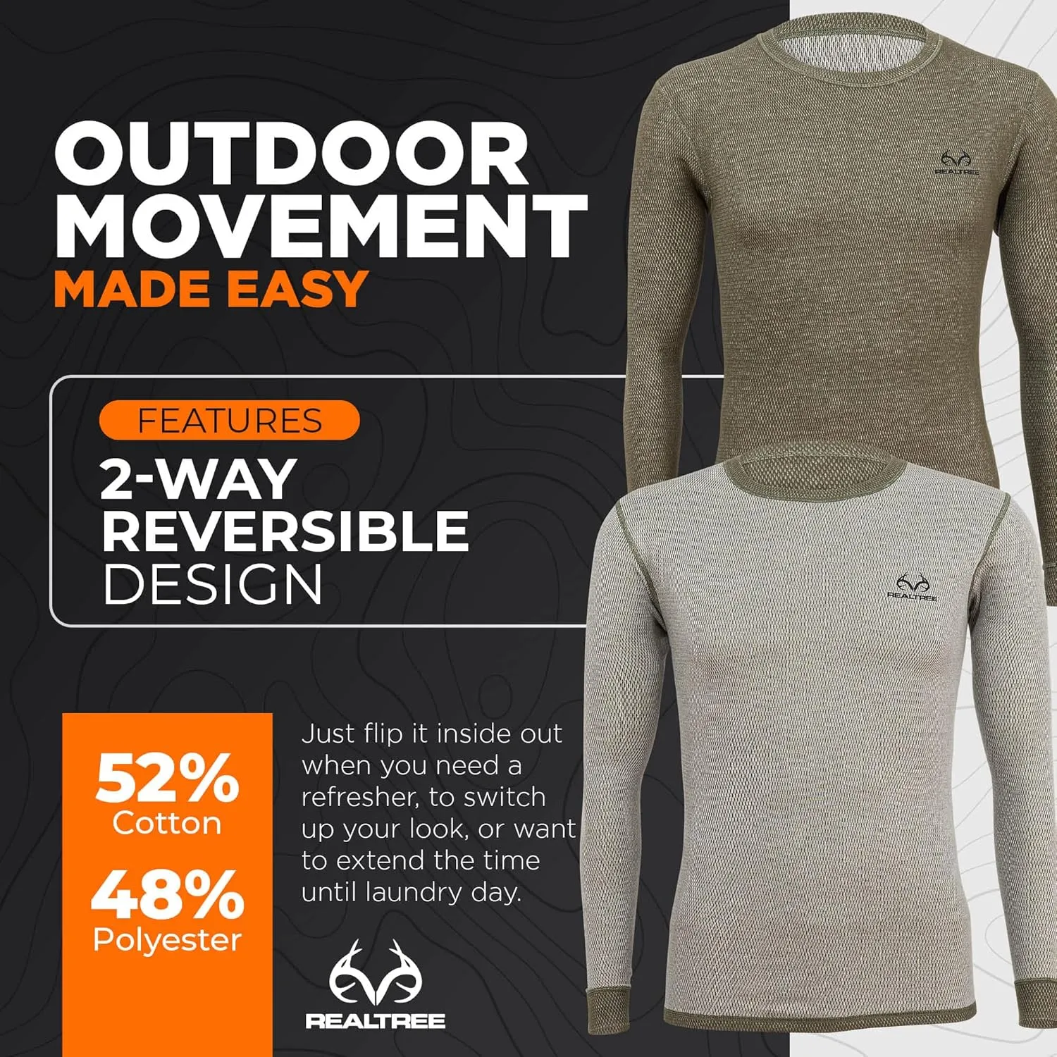 Realtree Reversible Mens Thermal Long Sleeve Shirt Hunting Gear- Base Layer,Warm Waffle Knit Under Top (1 Reversible Shirt)