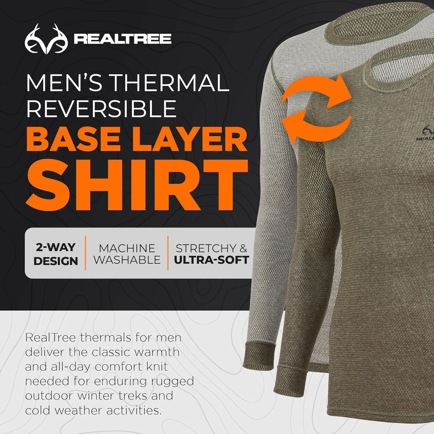 Realtree Reversible Mens Thermal Long Sleeve Shirt Hunting Gear- Base Layer,Warm Waffle Knit Under Top (1 Reversible Shirt)