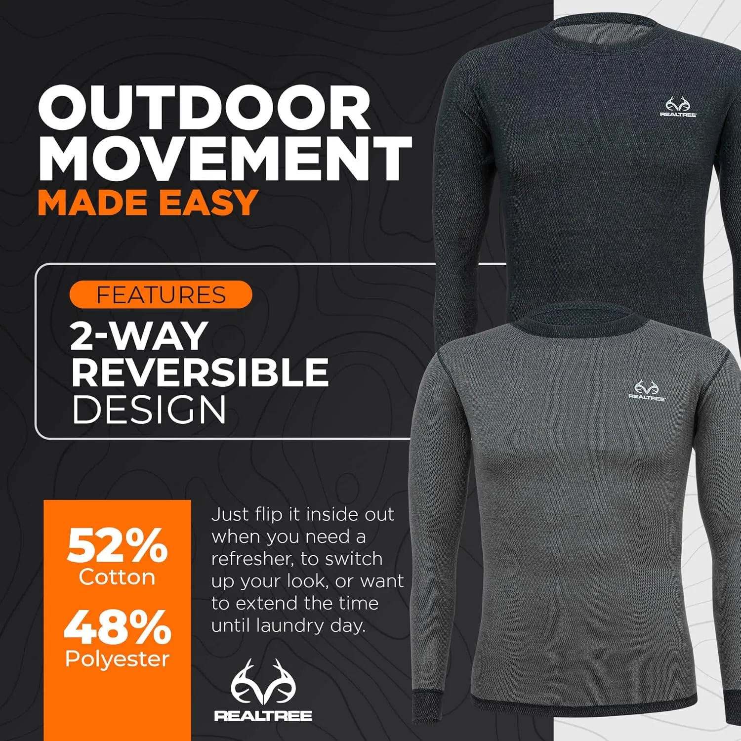 Realtree Reversible Mens Thermal Long Sleeve Shirt Hunting Gear- Base Layer,Warm Waffle Knit Under Top (1 Reversible Shirt)