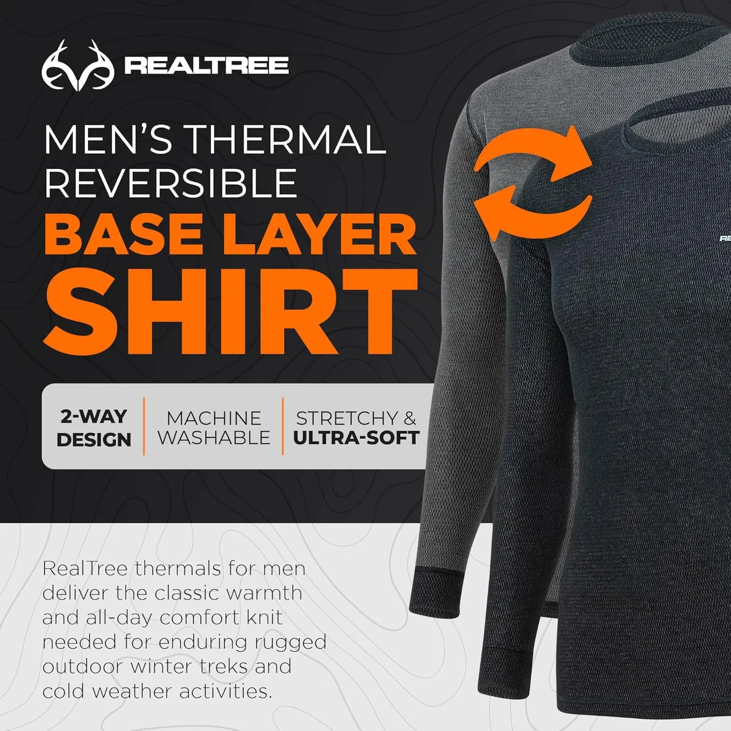Realtree Reversible Mens Thermal Long Sleeve Shirt Hunting Gear- Base Layer,Warm Waffle Knit Under Top (1 Reversible Shirt)