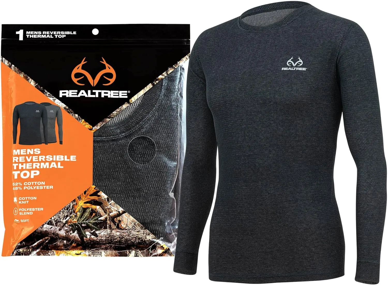 Realtree Reversible Mens Thermal Long Sleeve Shirt Hunting Gear- Base Layer,Warm Waffle Knit Under Top (1 Reversible Shirt)