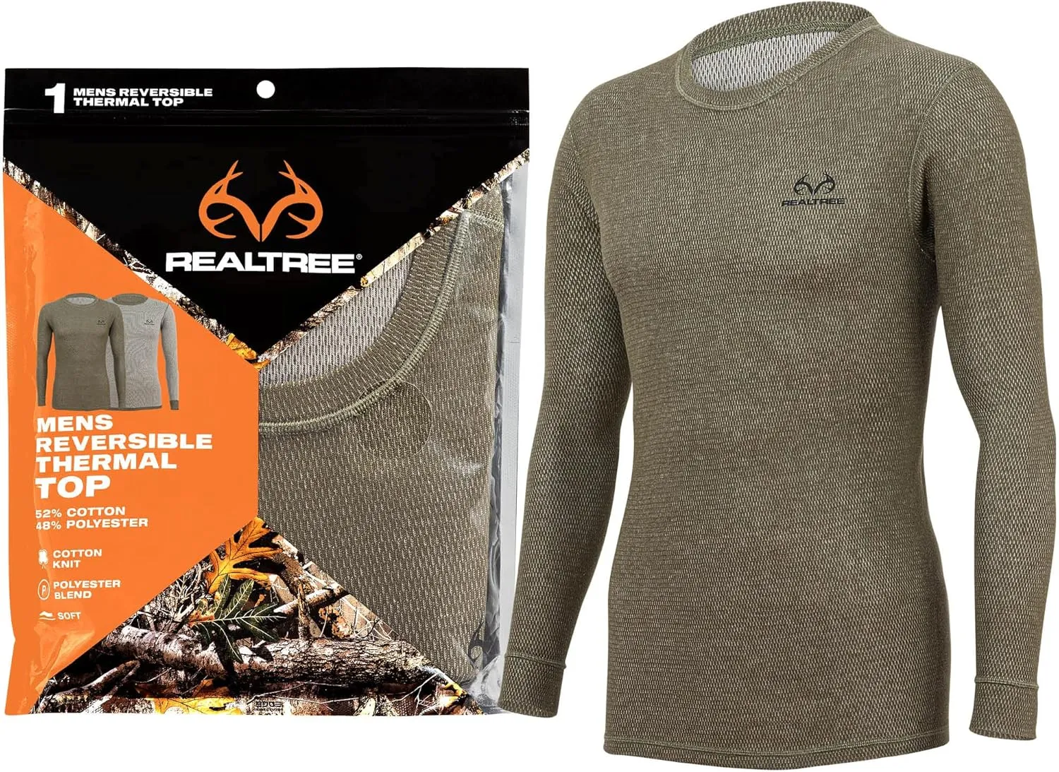 Realtree Reversible Mens Thermal Long Sleeve Shirt Hunting Gear- Base Layer,Warm Waffle Knit Under Top (1 Reversible Shirt)