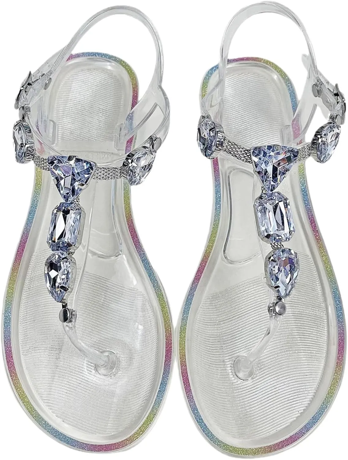 Rhinestone Flat Sandals for Women Jelly Sandals Dressy Sparkly Thong Sandal Bling Summer Cute T Strap Dress Sandal for Wedding Bridal Bride Beach Trendy Comfortable