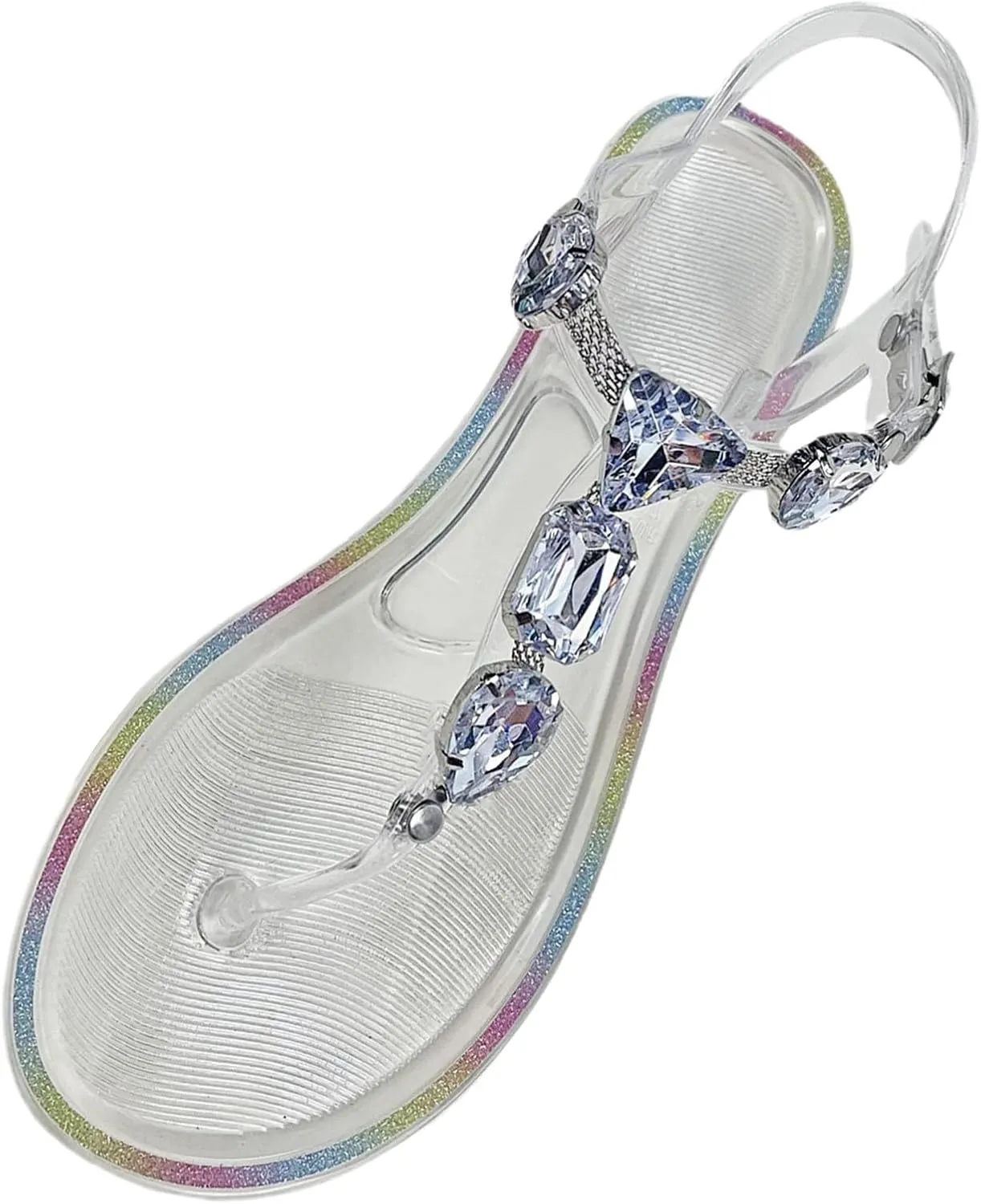 Rhinestone Flat Sandals for Women Jelly Sandals Dressy Sparkly Thong Sandal Bling Summer Cute T Strap Dress Sandal for Wedding Bridal Bride Beach Trendy Comfortable