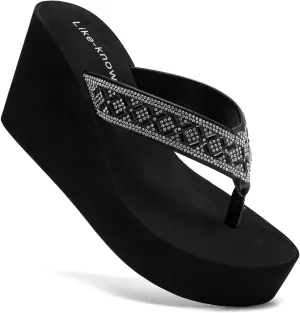 Rhinestone Wedge Sandals for Women Platform Flip Flops Wedge flip flops Wedding shoes Wedge Heels for Women Dressy