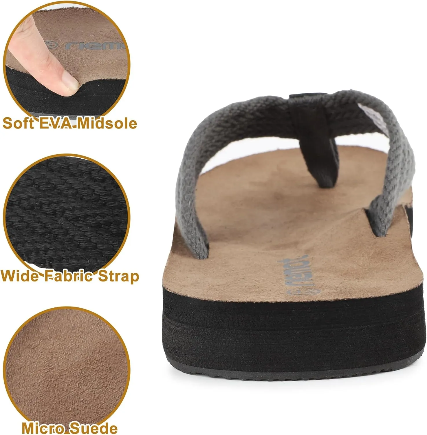 riemot Mens Flip-Flops Arch Support Classical Thongs Sandals Summer Suede 3 Point Beach Flip Flop Comfort Cushioned Slippers for Swimming Pool Home Travel US9/14