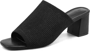 Rilista Women's Open Toe Heeled Mules Block Heels Sandals Knit Chunky Square Heels Slip On Breathable Slides Sandal