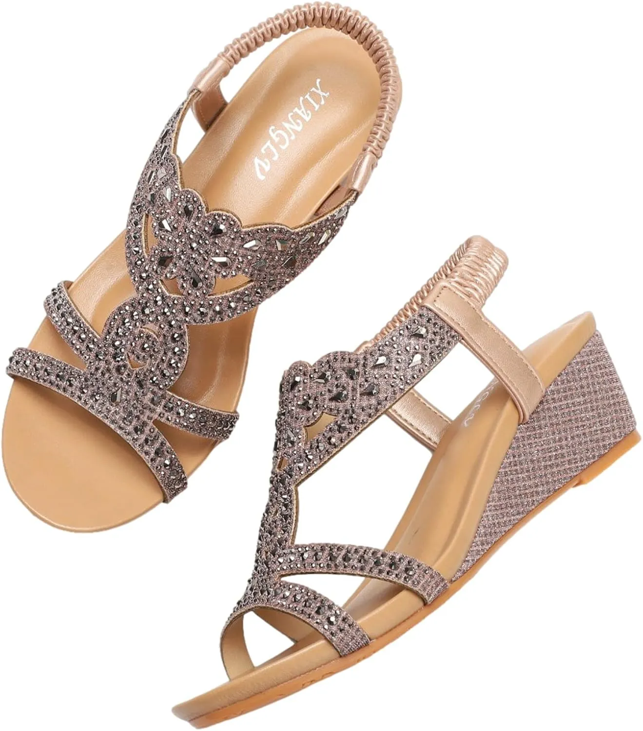 rismart Women's Wedge Sandal Adjustable Elastic Straps Rhinestone Boho Summer Beach Wedding Gladiator Shoes
