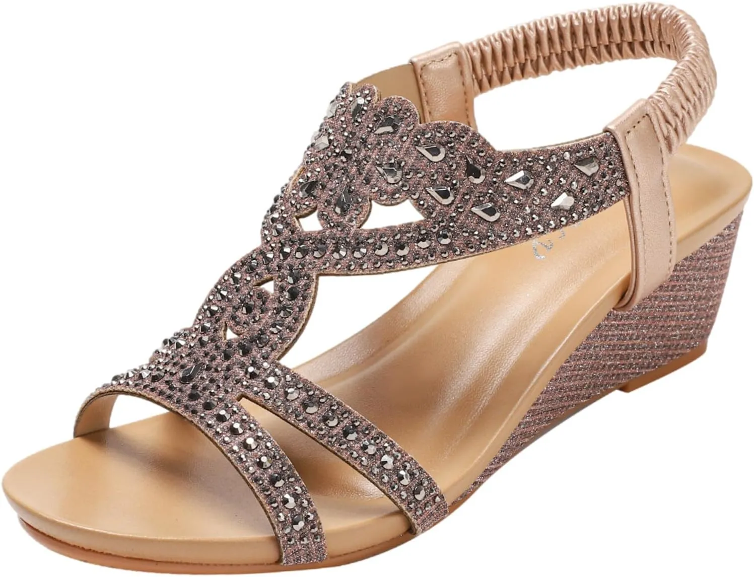 rismart Women's Wedge Sandal Adjustable Elastic Straps Rhinestone Boho Summer Beach Wedding Gladiator Shoes