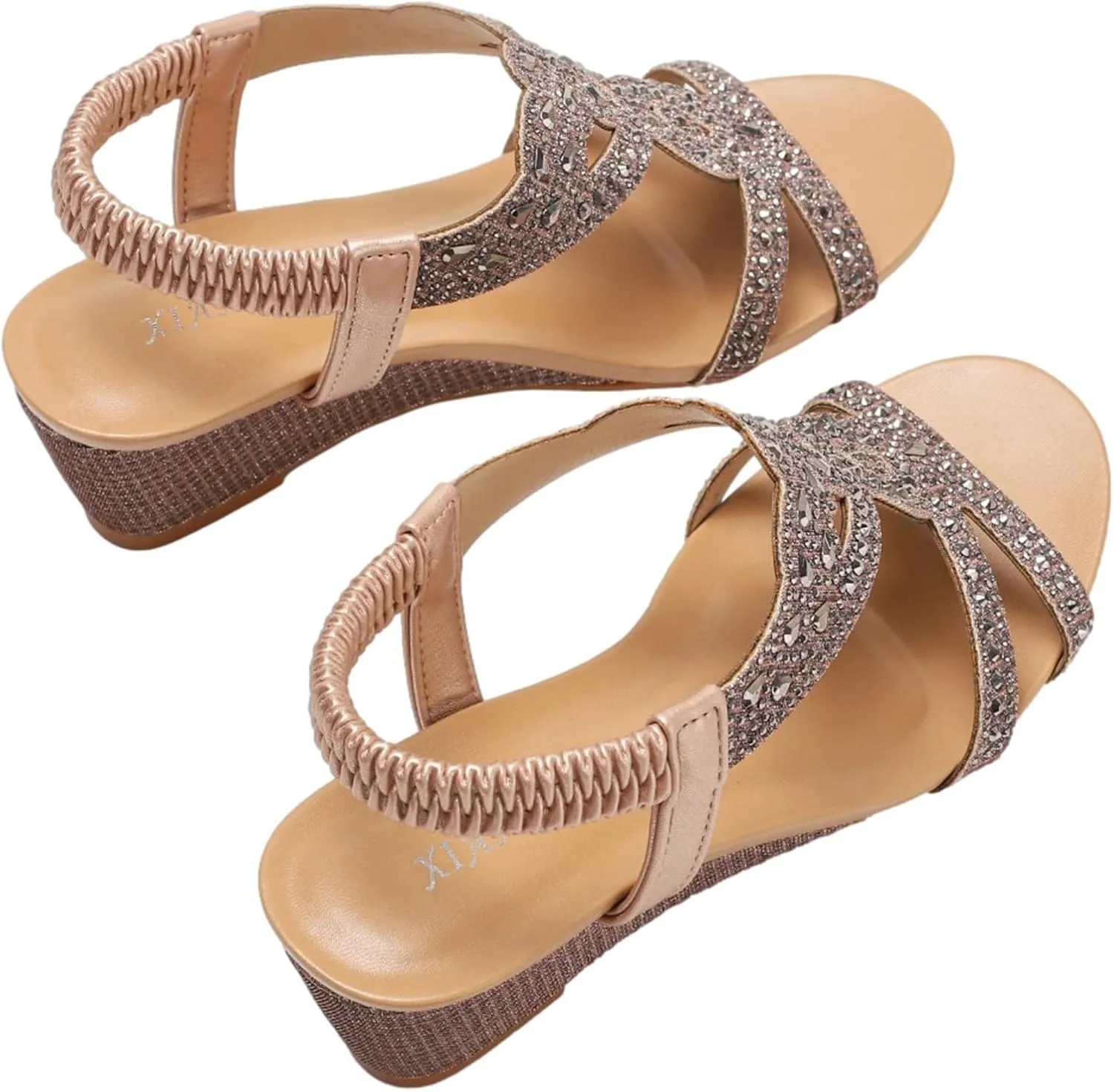 rismart Women's Wedge Sandal Adjustable Elastic Straps Rhinestone Boho Summer Beach Wedding Gladiator Shoes