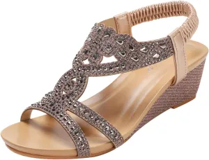 rismart Women's Wedge Sandal Adjustable Elastic Straps Rhinestone Boho Summer Beach Wedding Gladiator Shoes