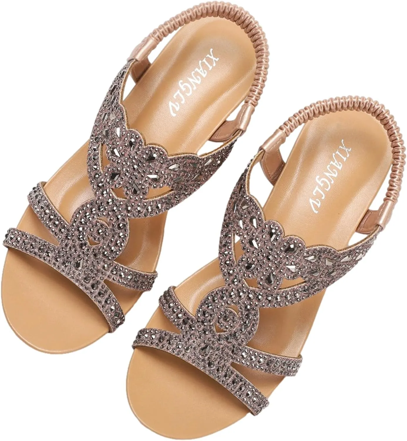 rismart Women's Wedge Sandal Adjustable Elastic Straps Rhinestone Boho Summer Beach Wedding Gladiator Shoes