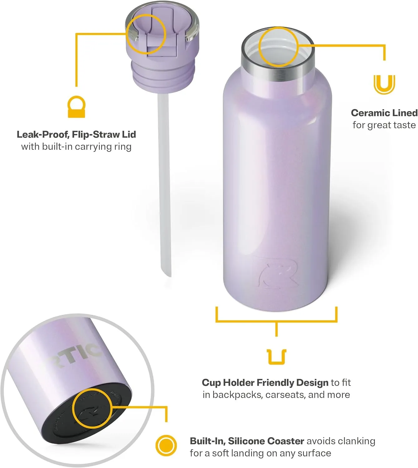 RTIC 16oz Journey Bottle Metal Stainless Steel Vacuum Insulated, BPA Free, Reusable, for Water, Hot and Cold Drinks, Travel, Sports, Camping, Lavender Glitter