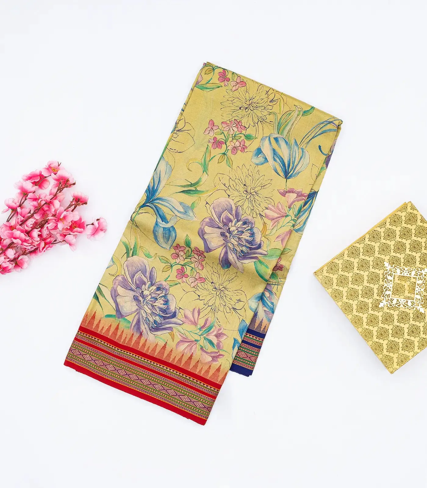 Sandal Handloom Tussar Silk Saree Printed With Floral Motifs & Ganga Jamuna Border