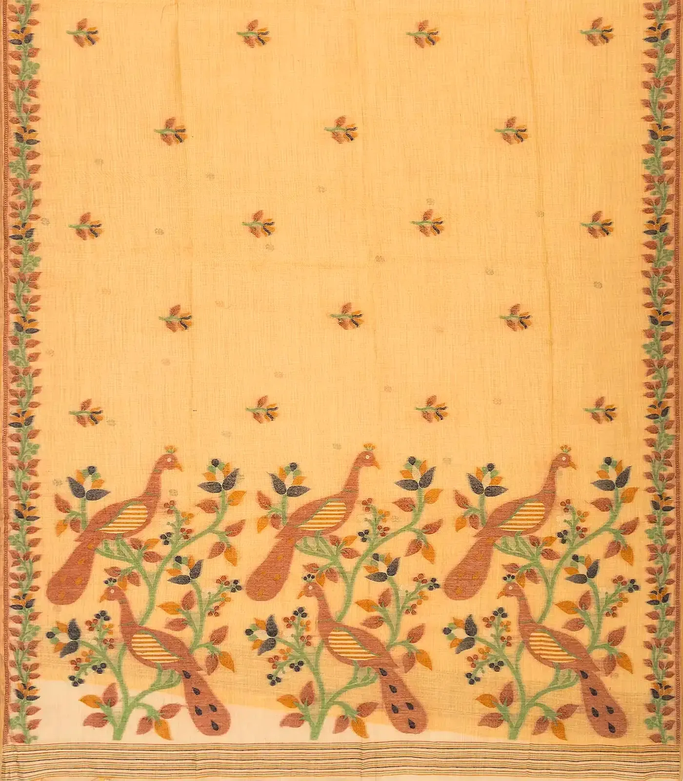 Sandal Woven Blended Cotton Saree With Peacock Motifs-BL3522