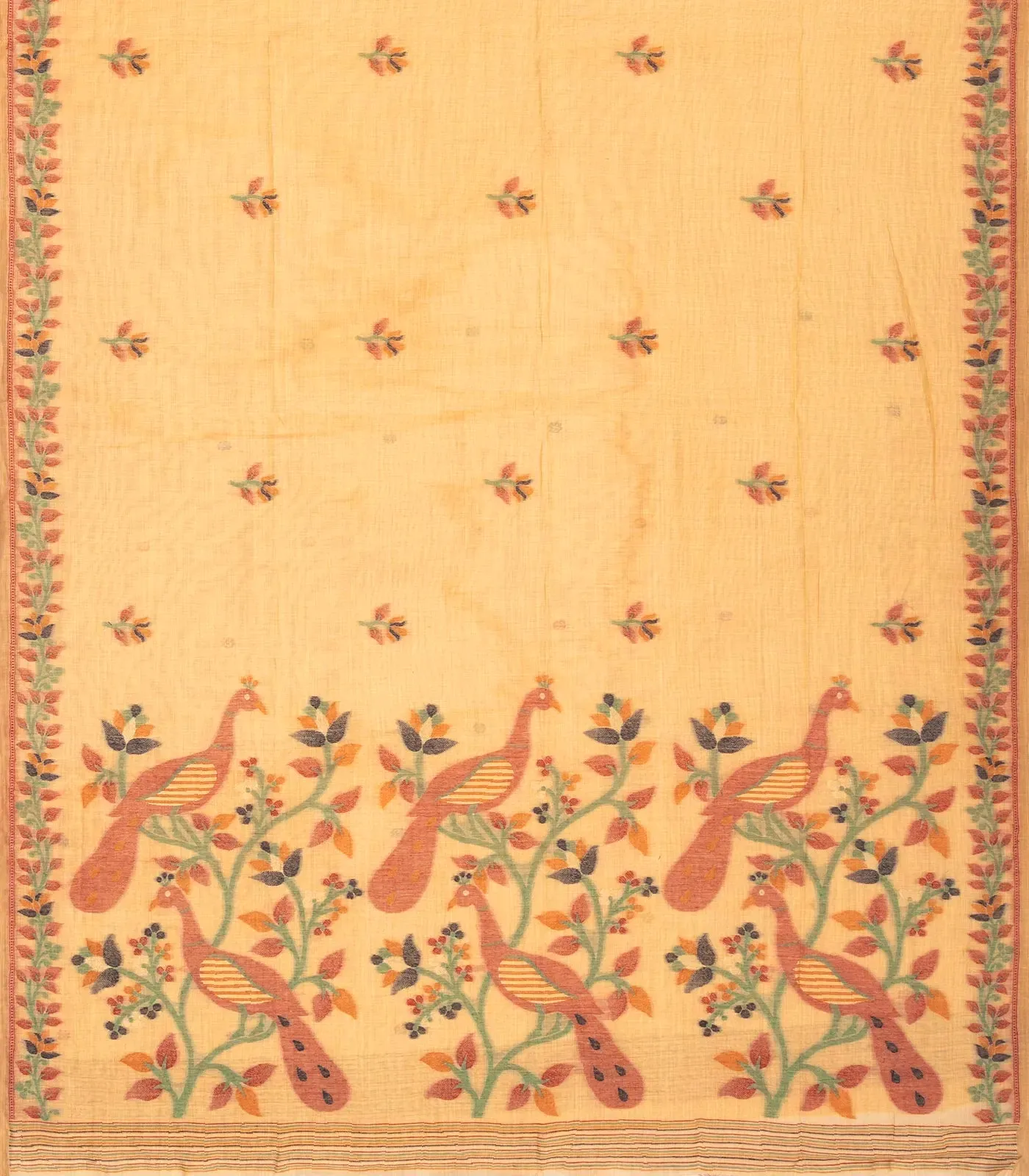 Sandal Woven Blended Cotton Saree With Peacock Motifs-BL3523