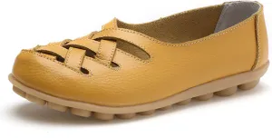 Sandals for Women 2025 Breathable Leather Loafers Hollow Soft-Soled Wedges Comfortable Cowhide Leather Shoes Yellow