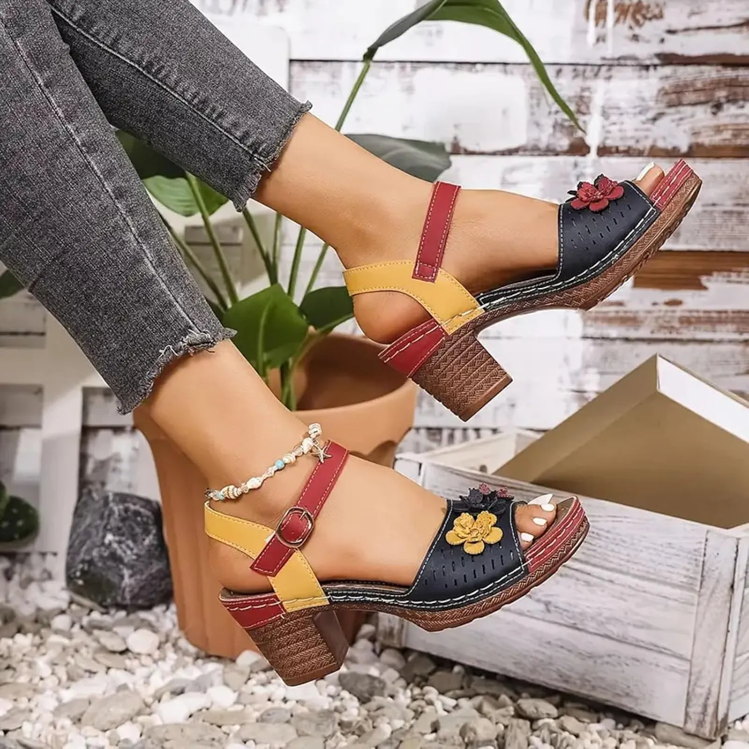 Sandals for Women 2025 Chunky Heel Ankle Strap Sandals Soft Cushion Comfortable Walking Color Block Floral Summer Shoes