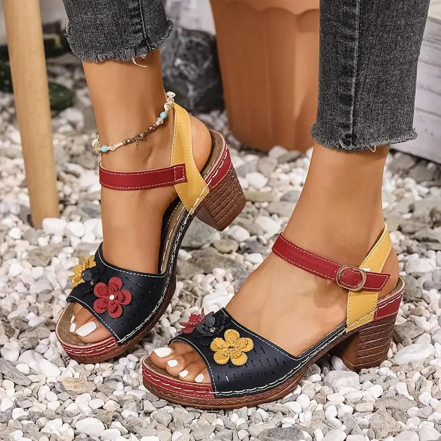 Sandals for Women 2025 Chunky Heel Ankle Strap Sandals Soft Cushion Comfortable Walking Color Block Floral Summer Shoes
