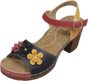 Sandals for Women 2025 Chunky Heel Ankle Strap Sandals Soft Cushion Comfortable Walking Color Block Floral Summer Shoes