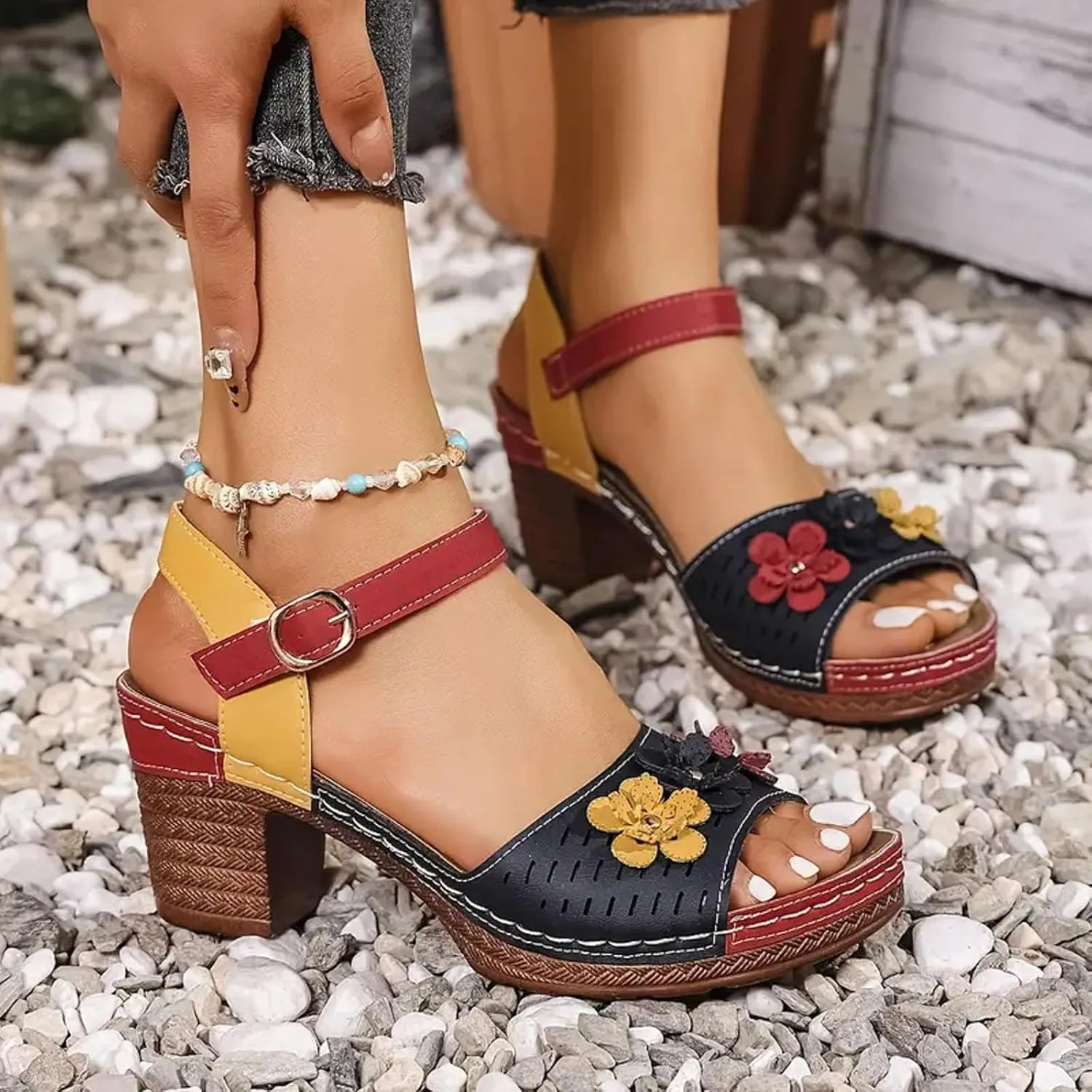 Sandals for Women 2025 Chunky Heel Ankle Strap Sandals Soft Cushion Comfortable Walking Color Block Floral Summer Shoes