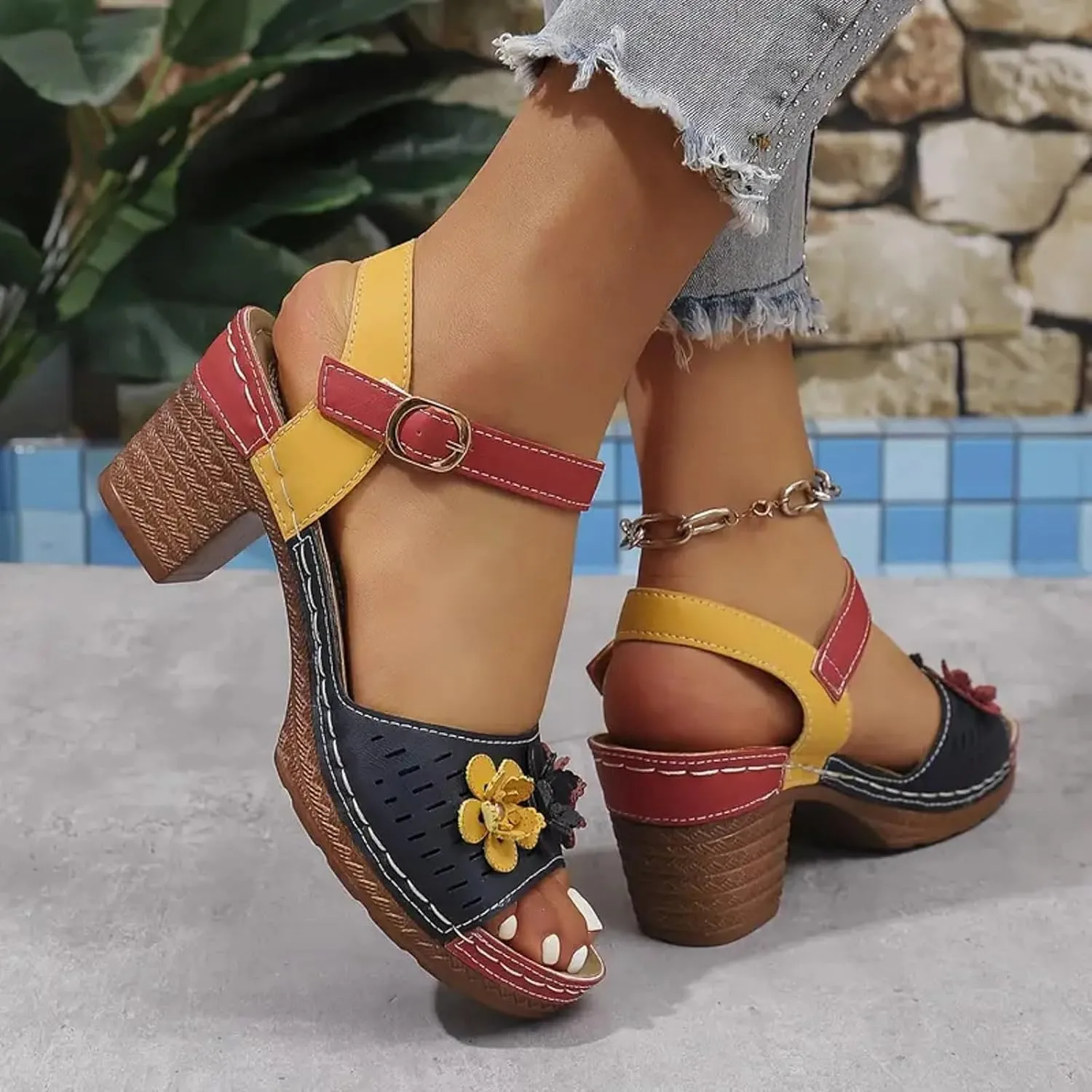 Sandals for Women 2025 Chunky Heel Ankle Strap Sandals Soft Cushion Comfortable Walking Color Block Floral Summer Shoes