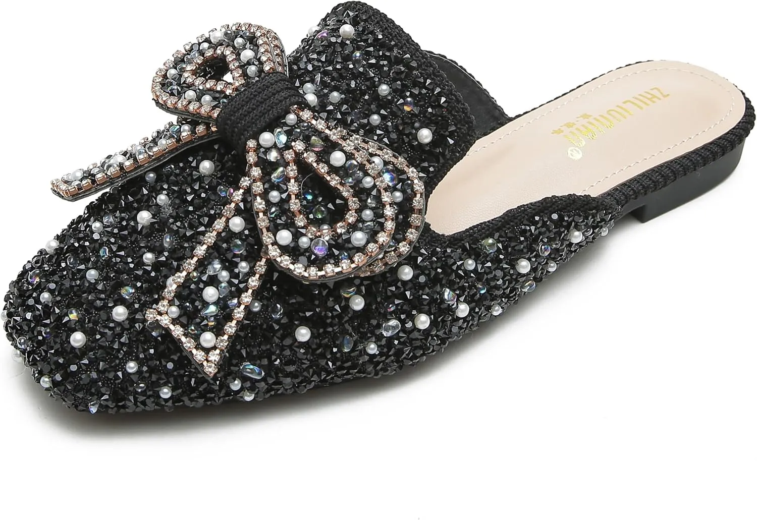 SANIOOOI Women's Pearl Rhinestone Bow Mules,Glitter Square Toe Slip on Flat Ladies Sparkly Baotou Clogs Slippers