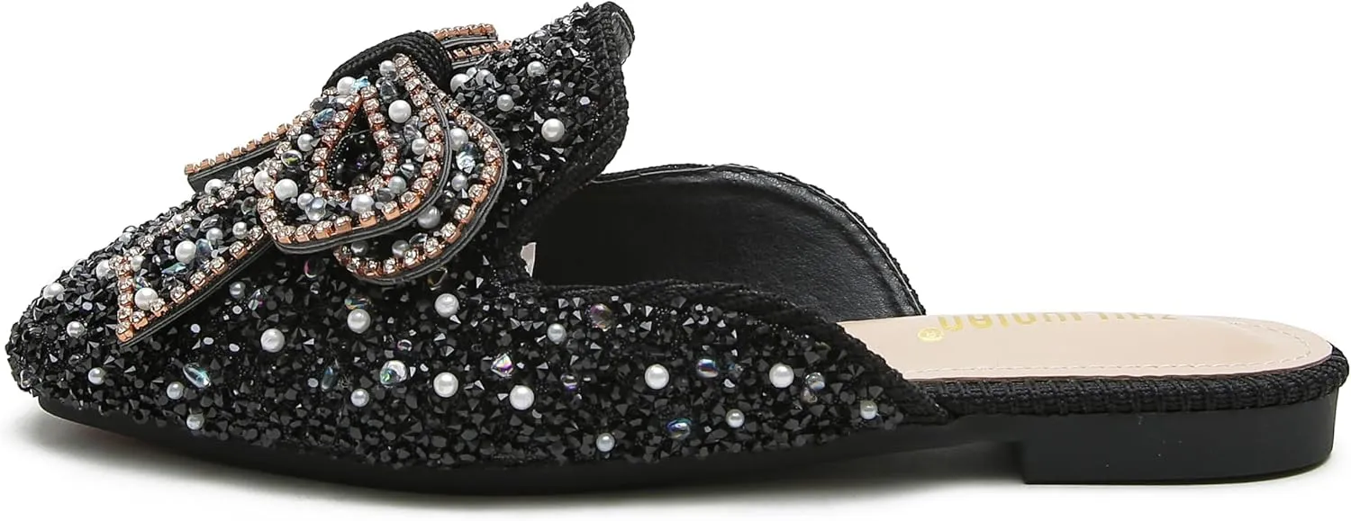 SANIOOOI Women's Pearl Rhinestone Bow Mules,Glitter Square Toe Slip on Flat Ladies Sparkly Baotou Clogs Slippers