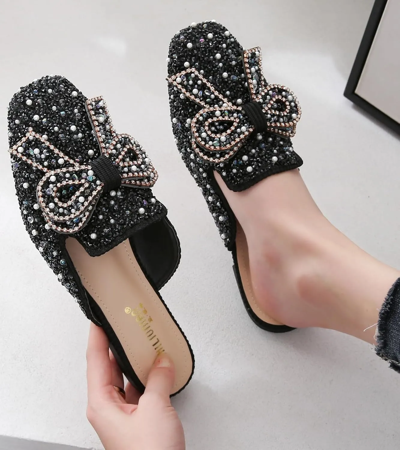 SANIOOOI Women's Pearl Rhinestone Bow Mules,Glitter Square Toe Slip on Flat Ladies Sparkly Baotou Clogs Slippers