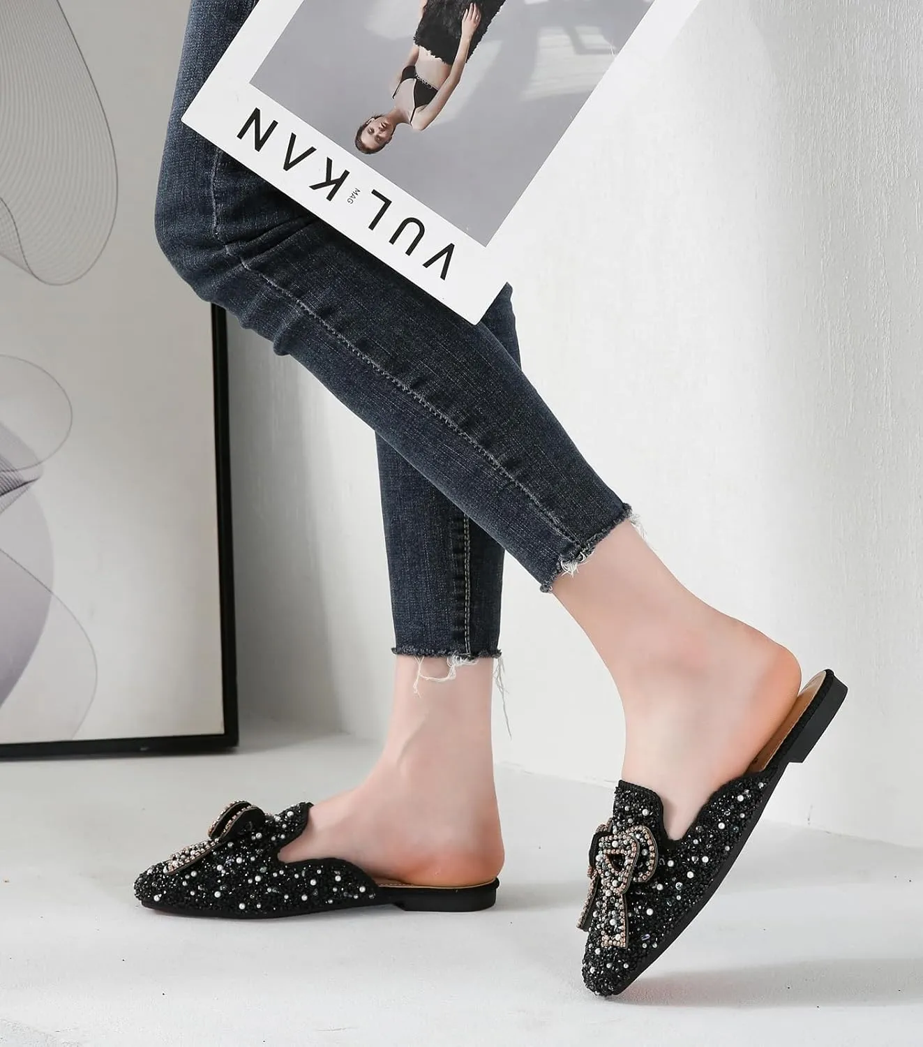 SANIOOOI Women's Pearl Rhinestone Bow Mules,Glitter Square Toe Slip on Flat Ladies Sparkly Baotou Clogs Slippers
