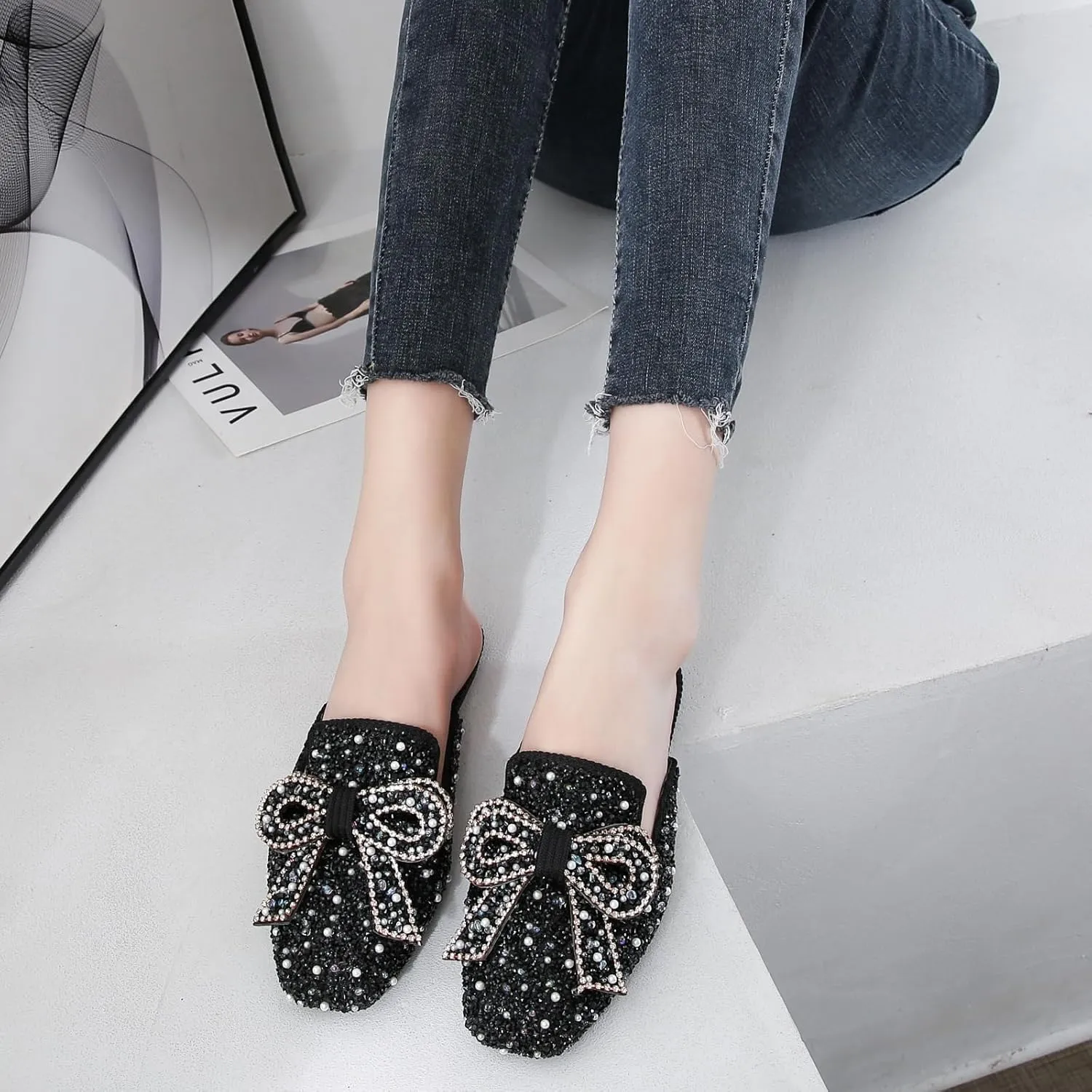 SANIOOOI Women's Pearl Rhinestone Bow Mules,Glitter Square Toe Slip on Flat Ladies Sparkly Baotou Clogs Slippers