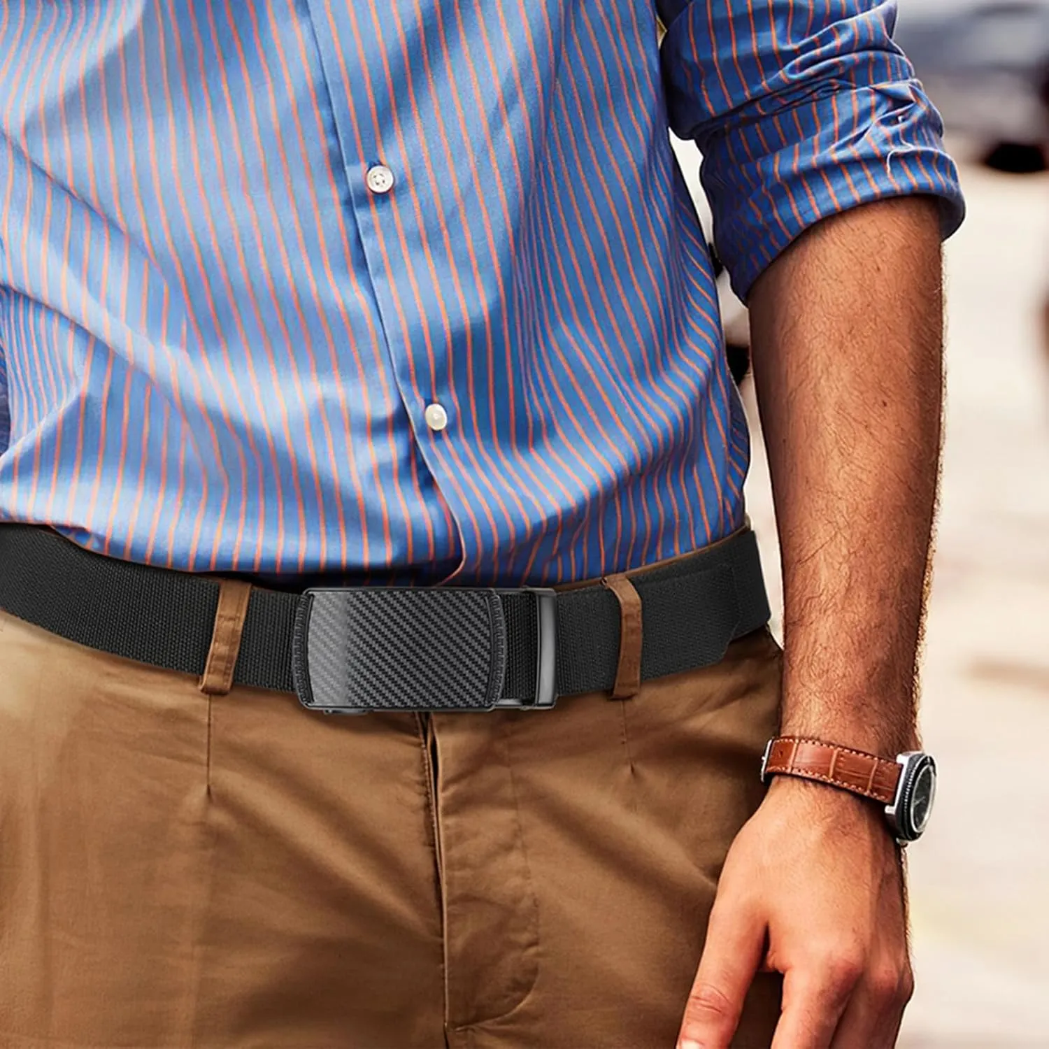 SANSTHS Golf Ratchet Belt for Men, Mens Belt Casual 1 1/3" Flag Pattern Auto Slide Buckle for Jeans
