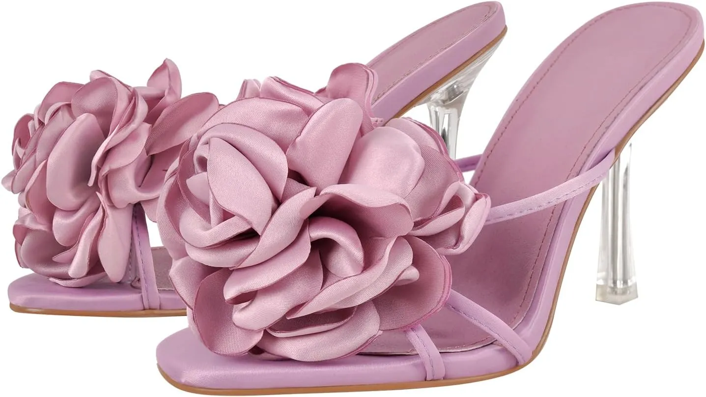 sexytag Satin Flower Heels Clear Kitten Heels Floral Print Thong Sandals Slip On Stiletto Slide Sandals Open Toe Mules