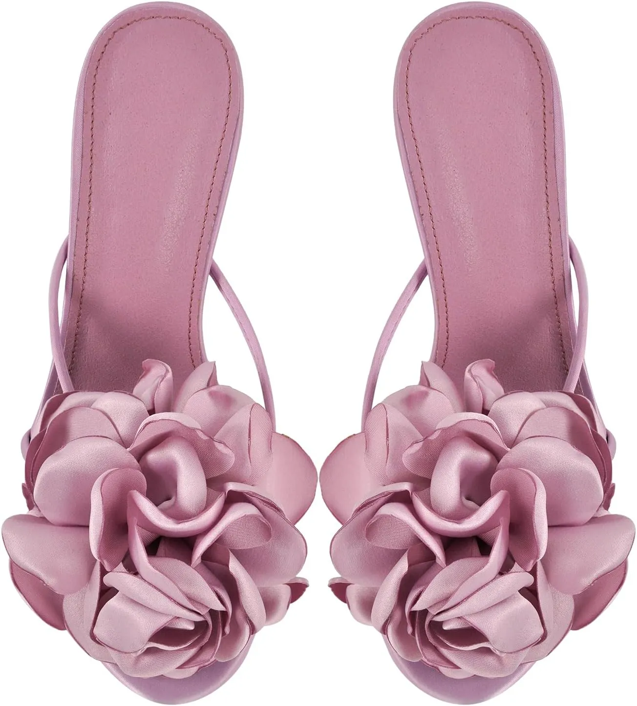 sexytag Satin Flower Heels Clear Kitten Heels Floral Print Thong Sandals Slip On Stiletto Slide Sandals Open Toe Mules