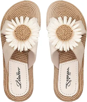SHENHE Women's Summer Floral Decor Slippers Linen Sunflower Pattern Slipperon Sandal