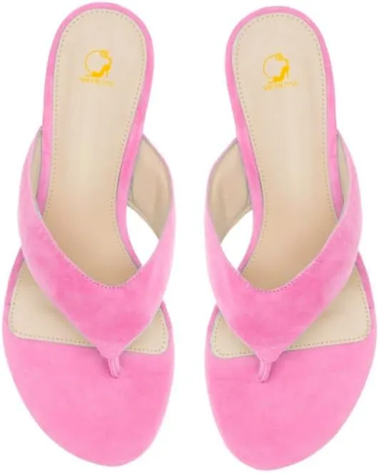 SHODENSE Women Wedge Heel Flip Flop Mules Open Peep Toe Suede Thong Sandals Mid Chunky Heels Flip-Flops Comfy Square Round Toe Slide Slippers Backless Slip On Summer Shoes Daily Party Office 4-11 M US
