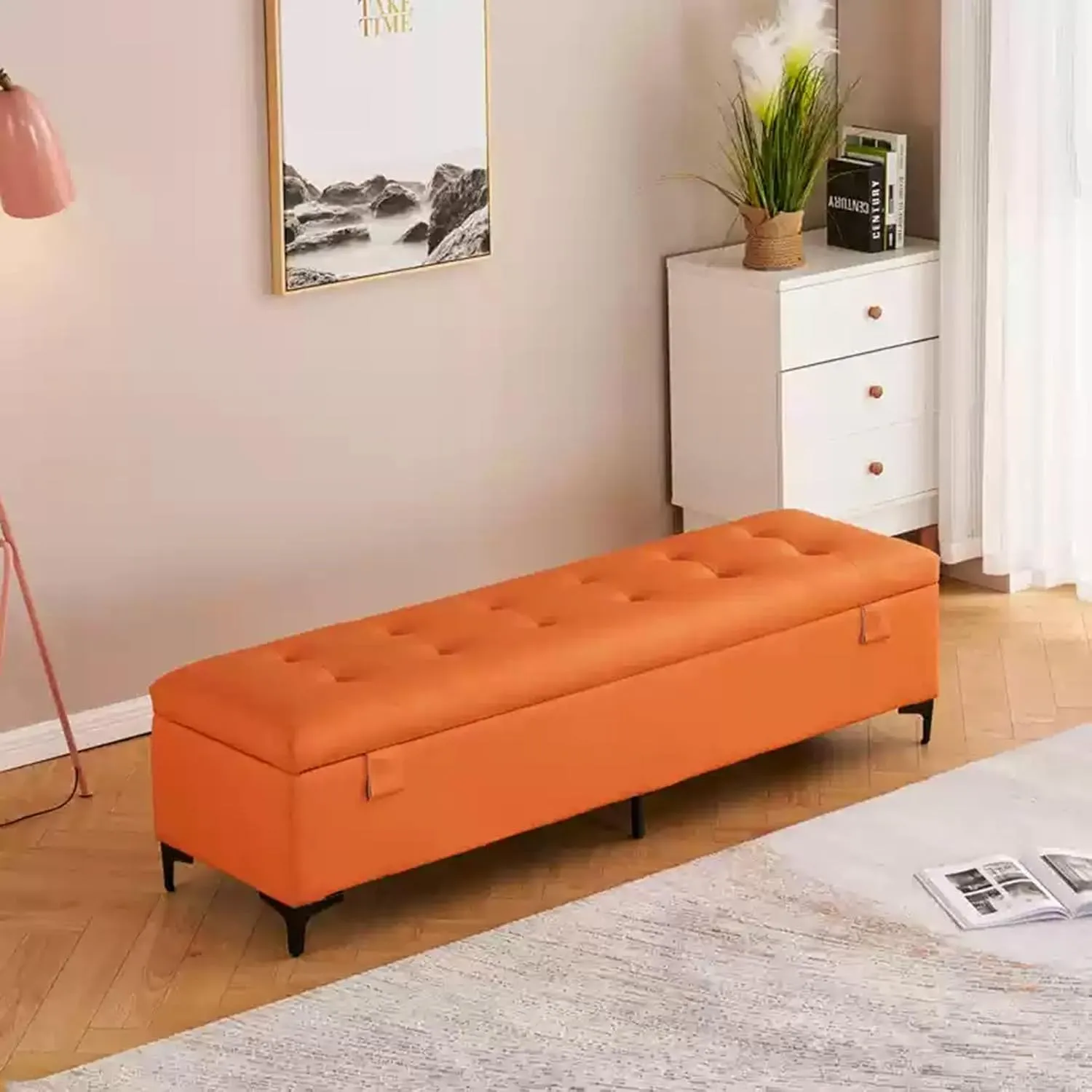 Shoe Changing Bench Flip Storage Bench with Cushioned Seat Solid Wood Bed End Bench,Double Lock Encryption Storage Large Capacity Space,Suitable for Entrance Corridor Bedroom Living Room(Ora