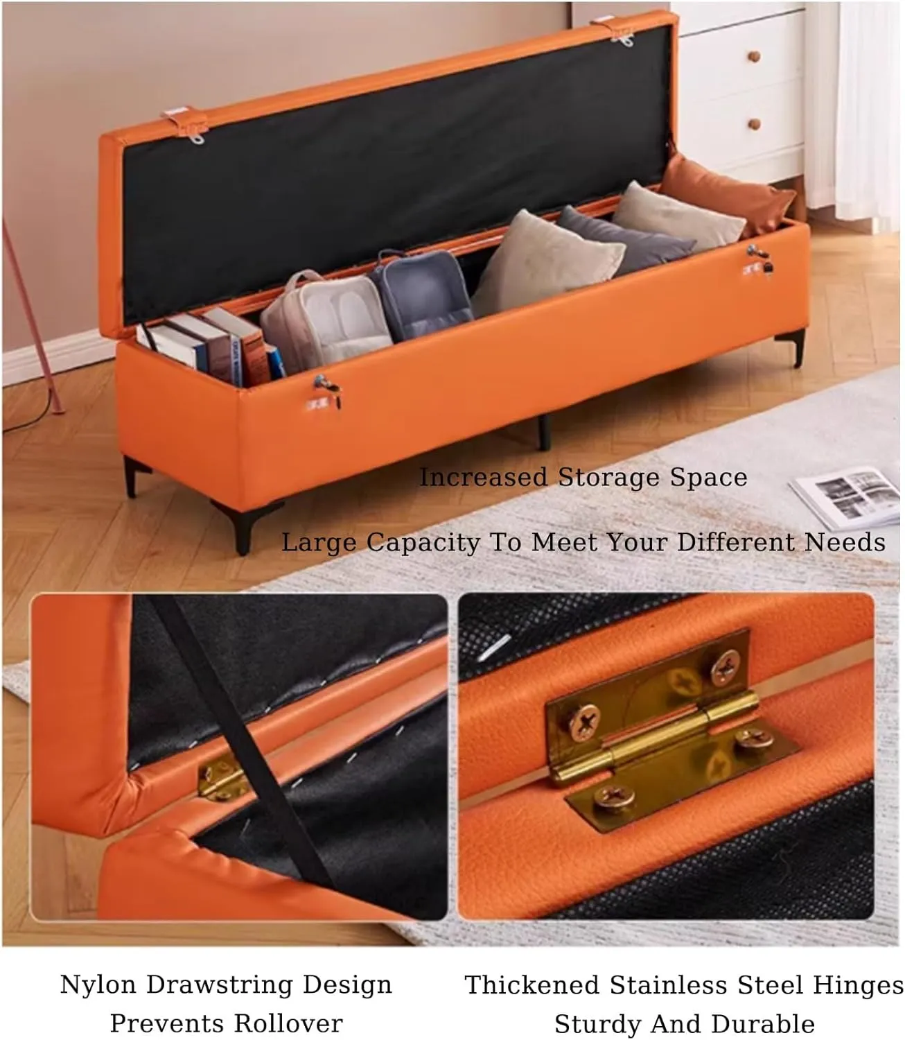 Shoe Changing Bench Flip Storage Bench with Cushioned Seat Solid Wood Bed End Bench,Double Lock Encryption Storage Large Capacity Space,Suitable for Entrance Corridor Bedroom Living Room(Ora