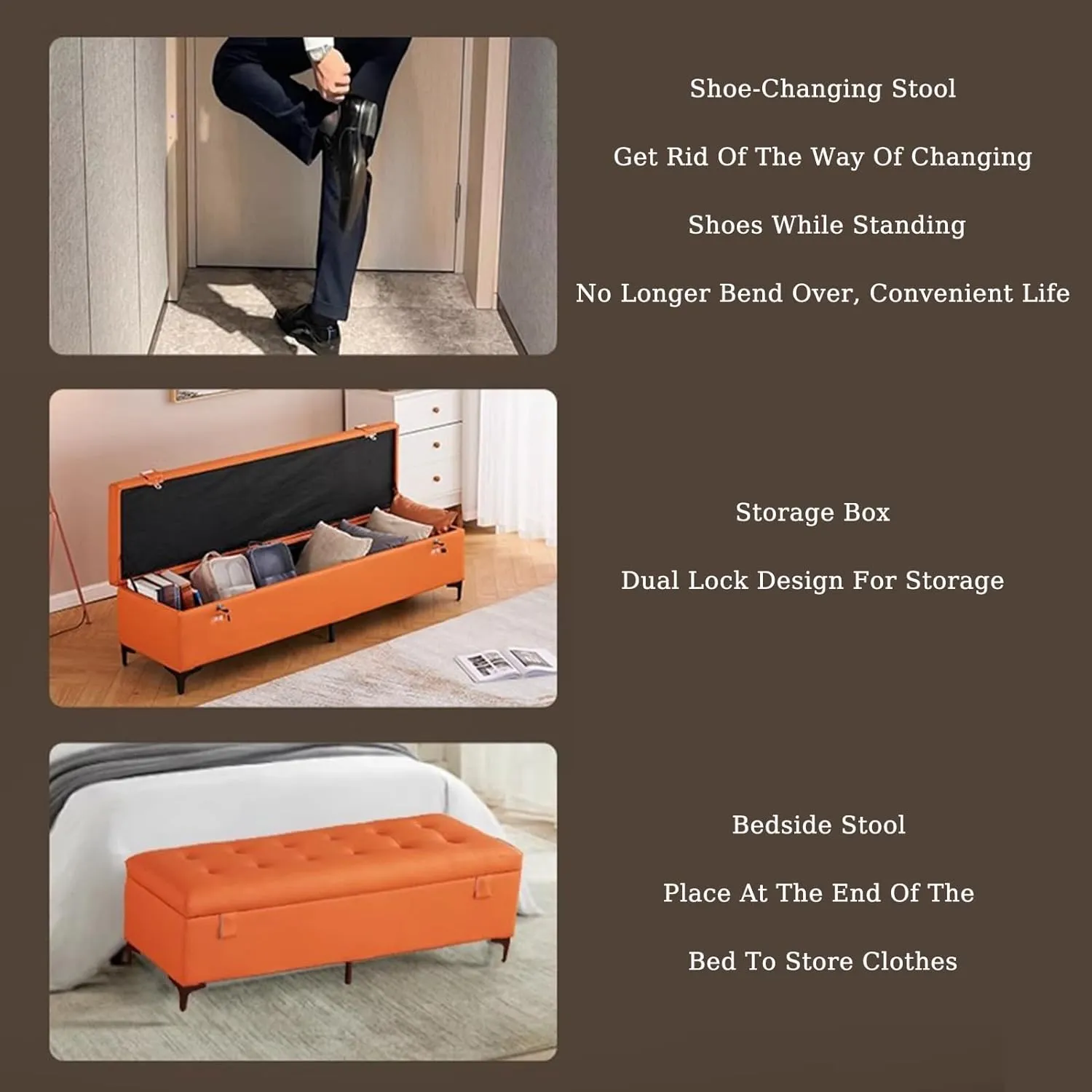 Shoe Changing Bench Flip Storage Bench with Cushioned Seat Solid Wood Bed End Bench,Double Lock Encryption Storage Large Capacity Space,Suitable for Entrance Corridor Bedroom Living Room(Ora