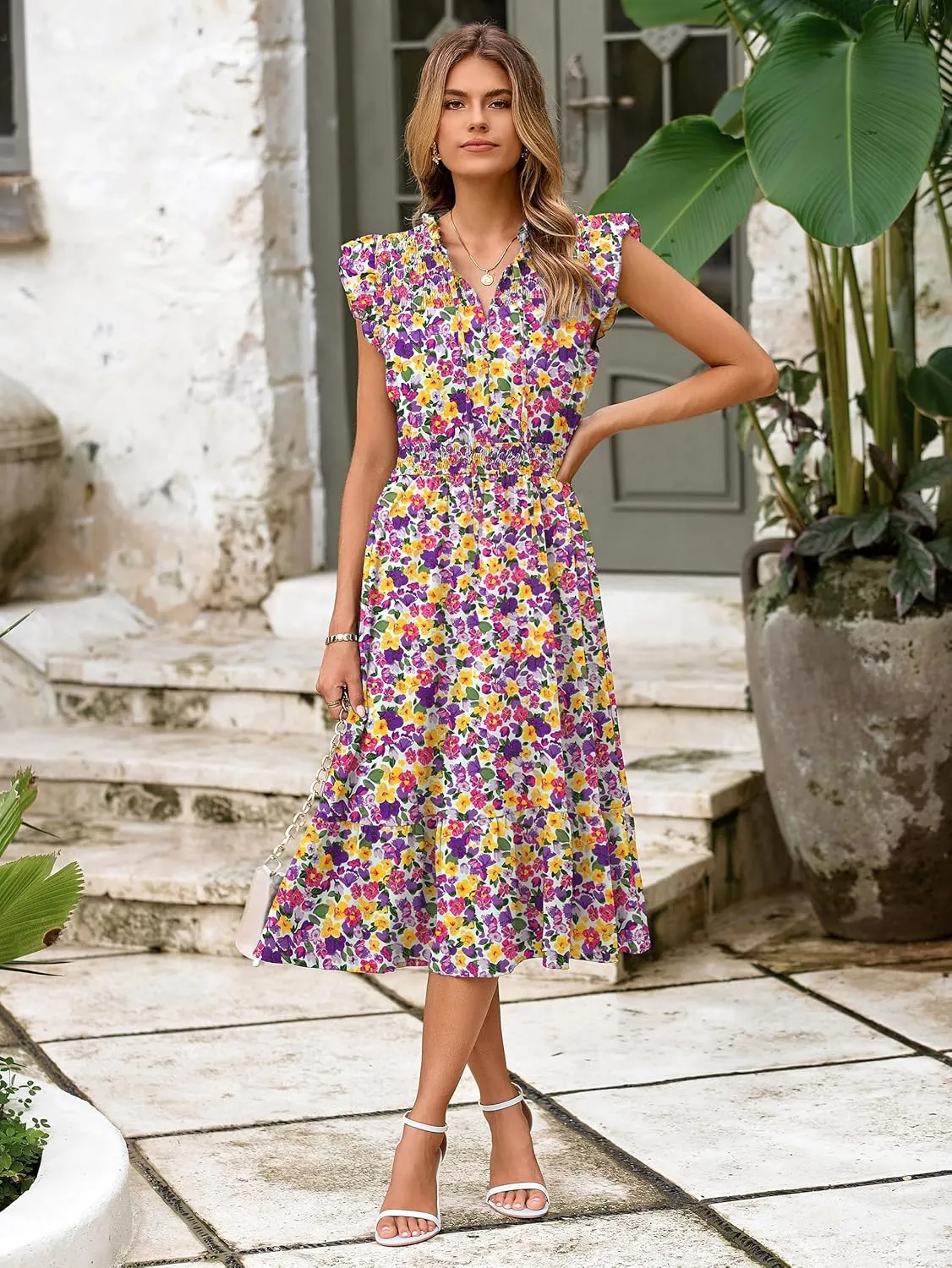 Simplee Womens Summer Floral Midi Dress V Neck Ruffle Short Sleeve Flowy Dress Drawstring Boho Casual Beach Long Dresses