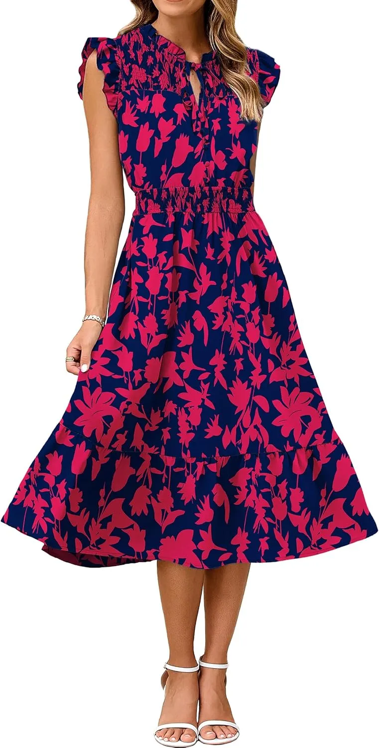 Simplee Womens Summer Floral Midi Dress V Neck Ruffle Short Sleeve Flowy Dress Drawstring Boho Casual Beach Long Dresses