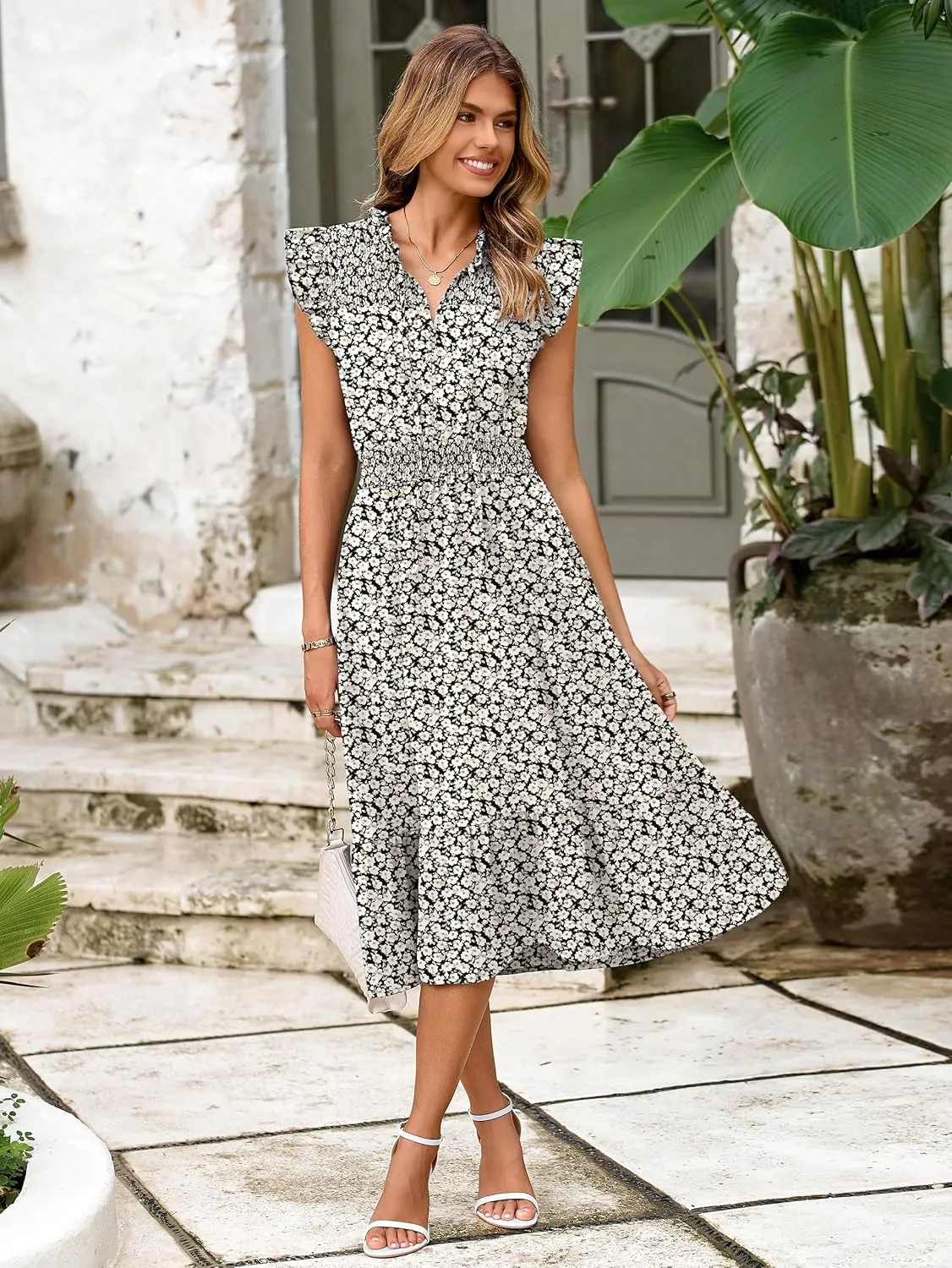 Simplee Womens Summer Floral Midi Dress V Neck Ruffle Short Sleeve Flowy Dress Drawstring Boho Casual Beach Long Dresses