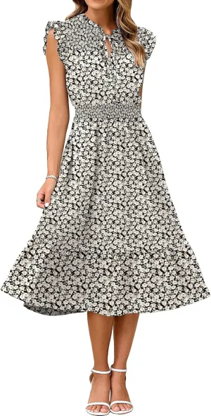 Simplee Womens Summer Floral Midi Dress V Neck Ruffle Short Sleeve Flowy Dress Drawstring Boho Casual Beach Long Dresses